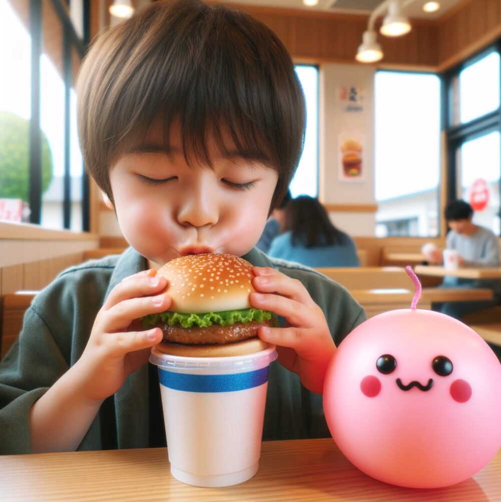 ハンバーガー店でハンバーガーを食べてる少年