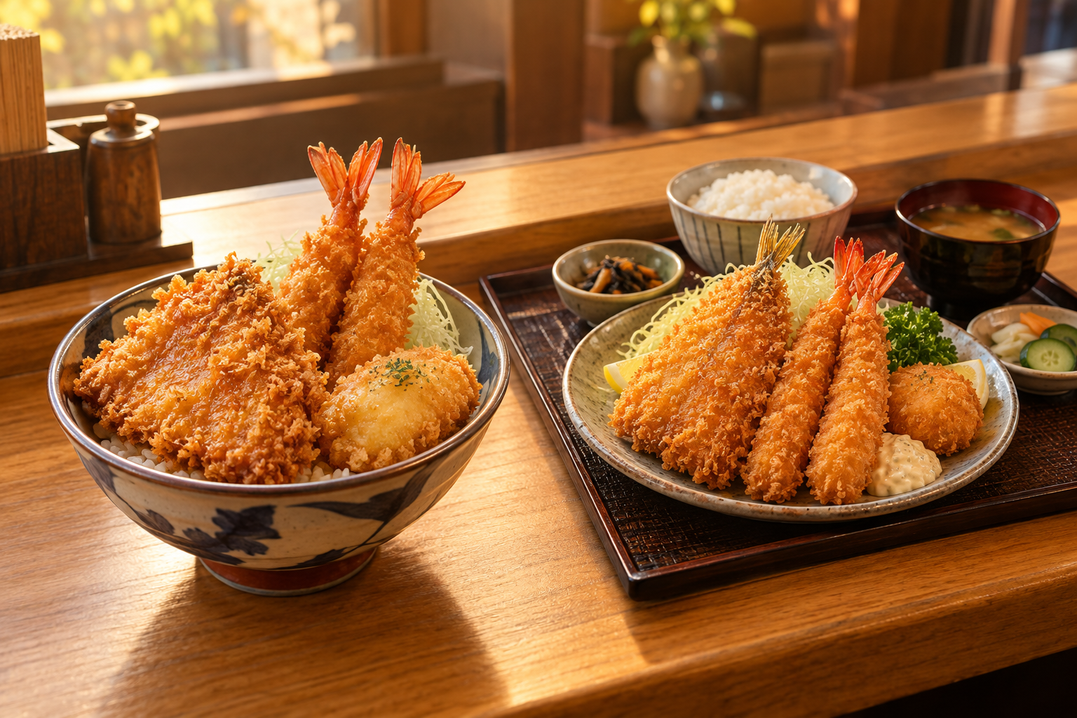 食堂のカウンターに並んだ揚げ物の丼と、味噌汁付きの定食のお盆