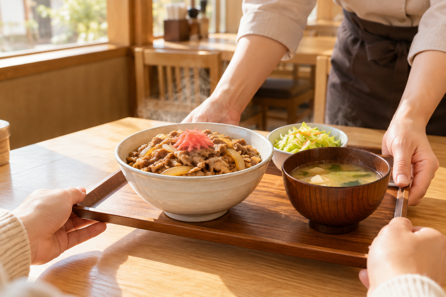 窓際の席に運ばれてきた、湯気の立つ牛丼と味噌汁